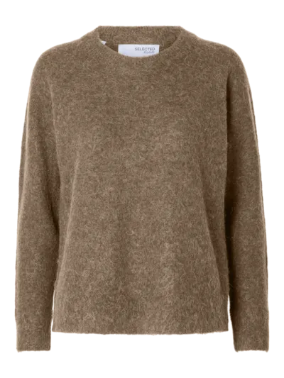 Selected SLFLulu Knit o-Neck Sepia Tint/Melange